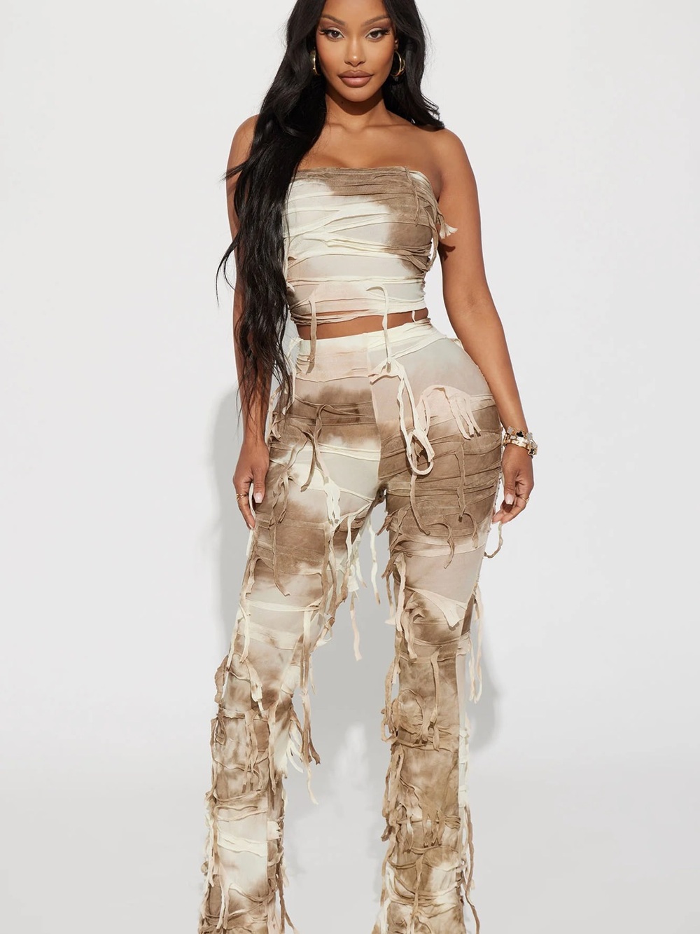 Strapless Wide-Leg Jumpsuit in Beige Tie-Dye